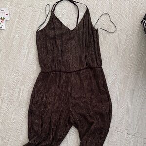 MLV Brown Textured V-Neck Sleeveless Jumpsuit